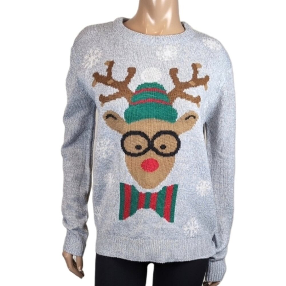 Ugly Christmas Sweater Nerdy Reindeer Happy Holidays Knit Womens Size Large Grey